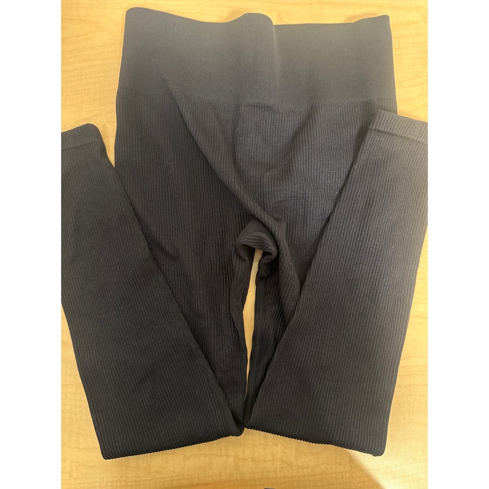 Women Ribbed Seamless High Waisted Leggings Black Size Medium Activewear Yoga